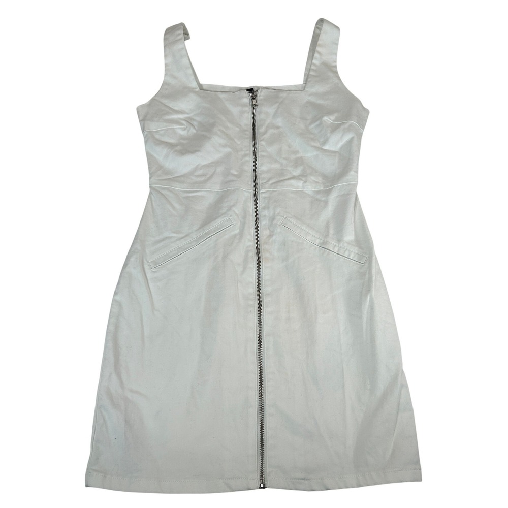 Forever 21 White Full Zip Front Sleeveless Mini Dress Womens Medium Square Neck